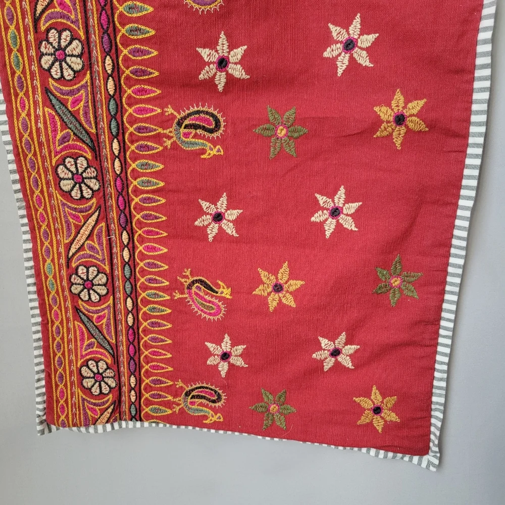 Pottery Barn Etta Embroidered‎ Floral Stripe Lumbar Pillow Cover Red 16